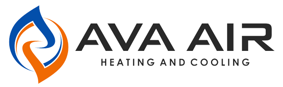 Logo with blue and orange swirling flame and air icon beside bold black text reading AVA AIR, Heating and Cooling